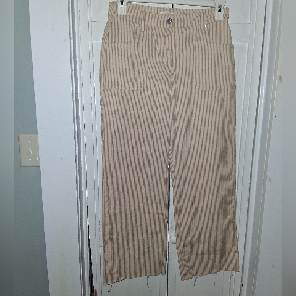 Cali1850 Elegant Beige Striped Women's Barrel Raw Hem Pants